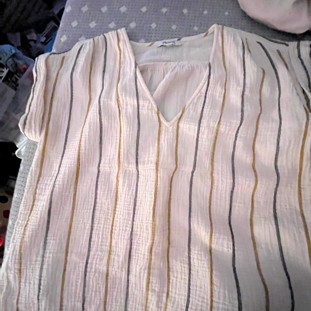 Madewell White Top with Gold and Gray Stripes